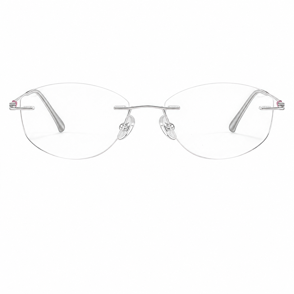 Pink/Silver Women's Pure Titanium Rimless Cat-Eye Glasses, clean front product view