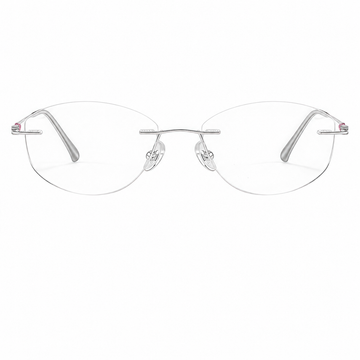 Pink/Silver Women's Pure Titanium Rimless Cat-Eye Glasses, clean front product view