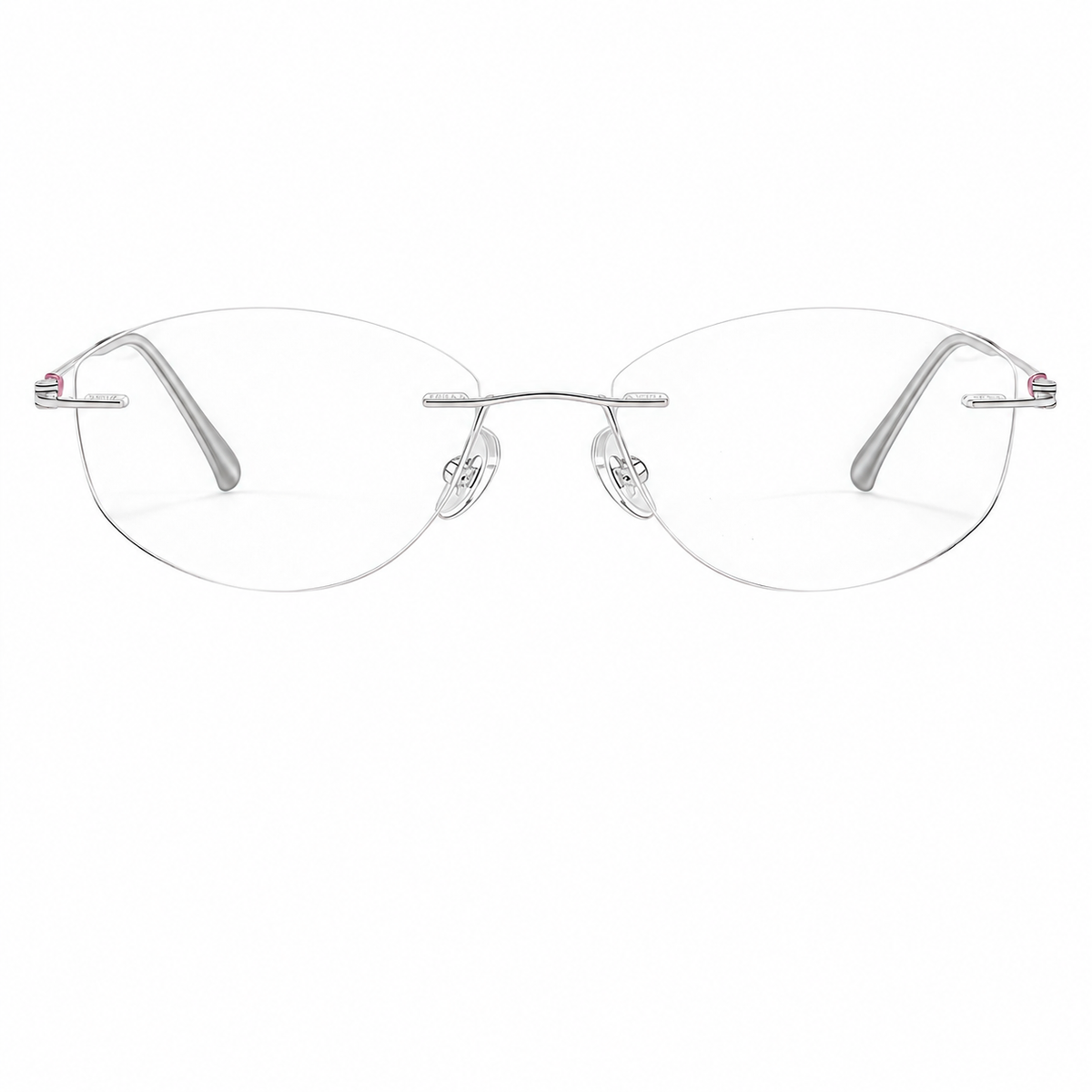 Pink/Silver Women's Pure Titanium Rimless Cat-Eye Glasses, clean front product view