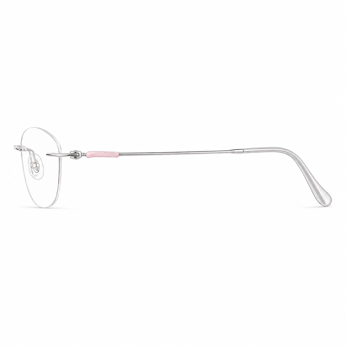Pink/Silver Women's Pure Titanium Rimless Cat-Eye Glasses, side temple product view