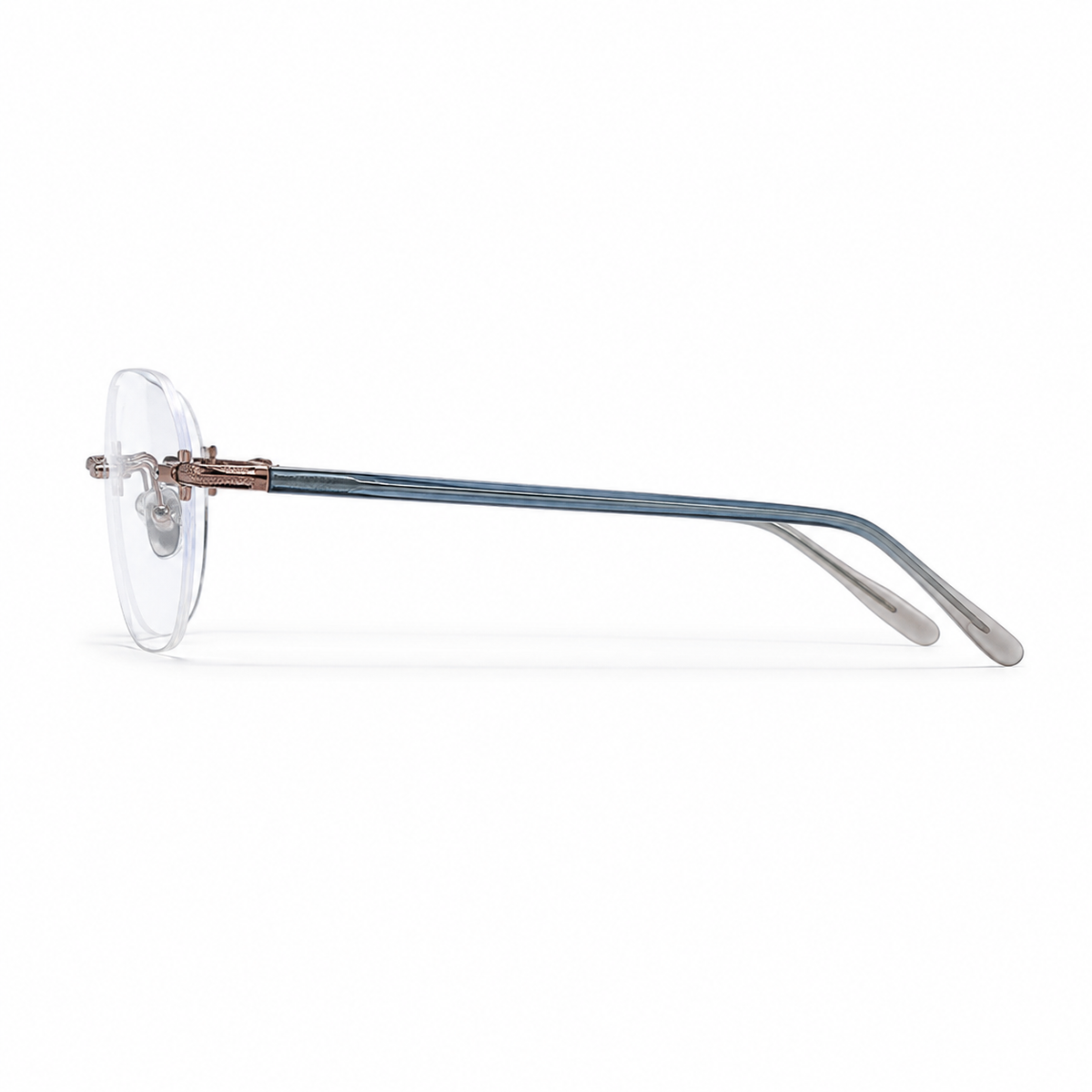 Antique Bronze/Blue Grey Women's Titanium-Acetate Rimless Soft-Square Glasses, side temple product view