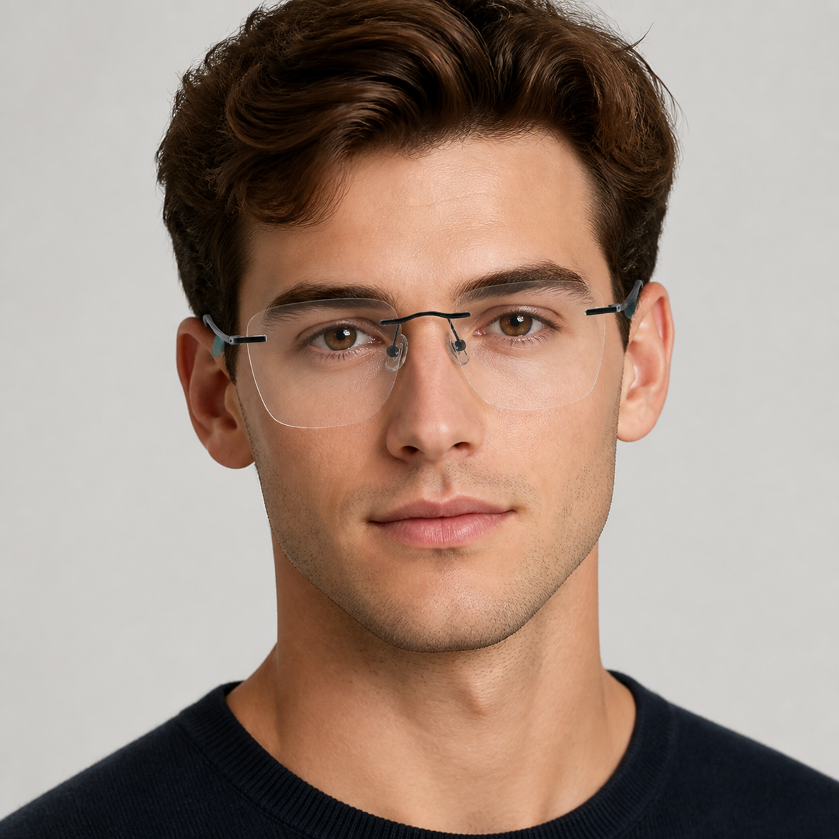 Unisex Pure Titanium Rimless Deep-Square Glasses, worn by an adult model, alternate fit
