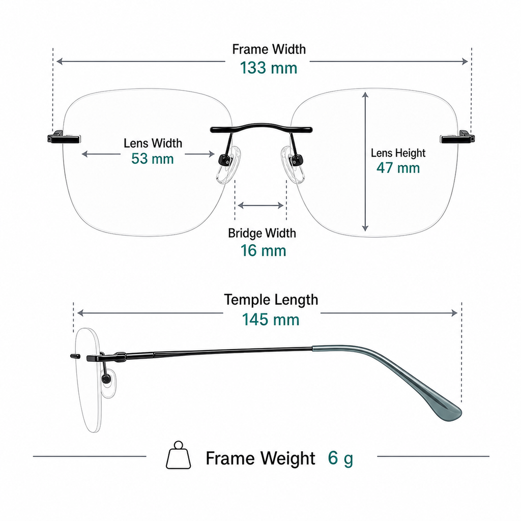 Unisex Pure Titanium Rimless Deep-Square Glasses frame measurements and weight guide