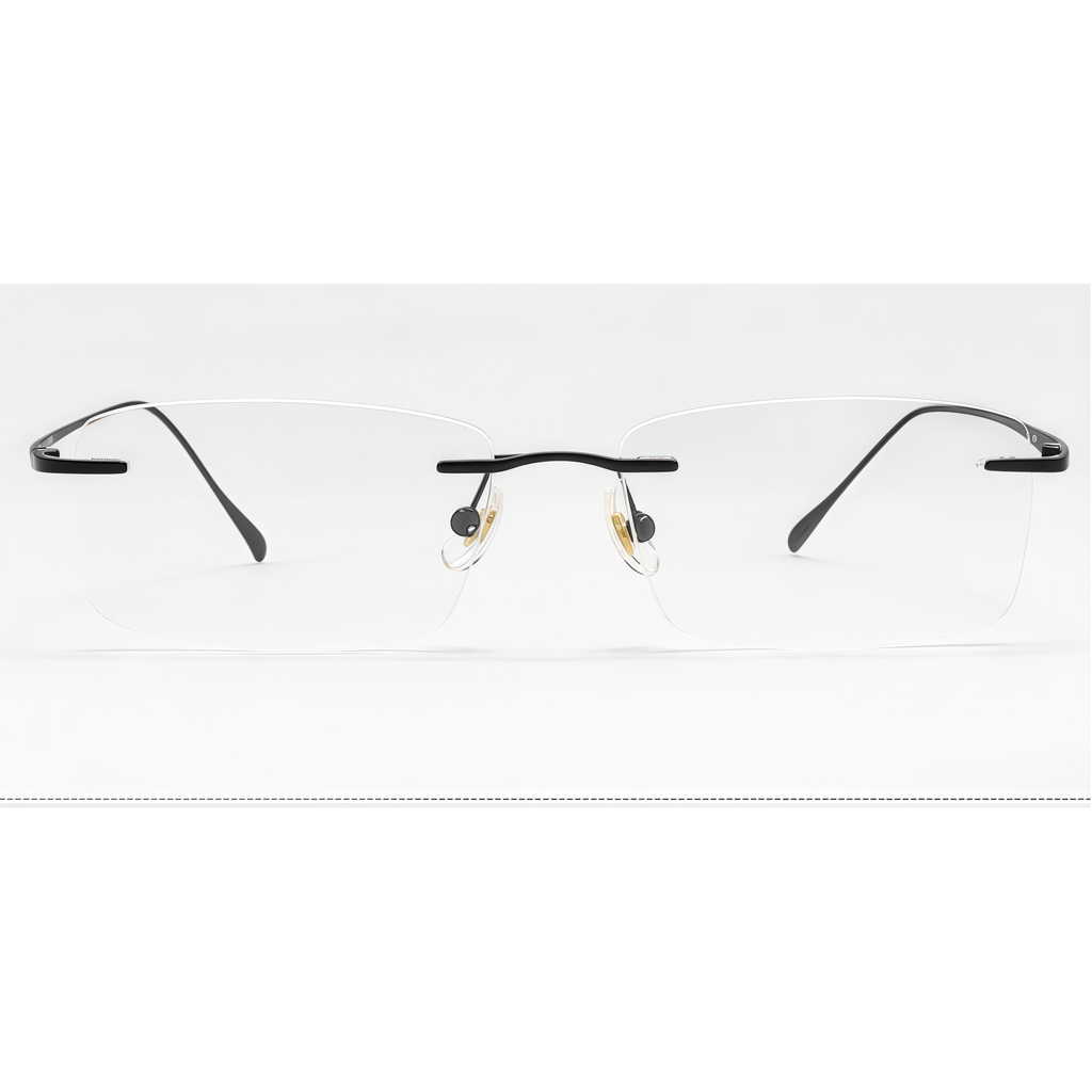 Black Unisex Pure Titanium Rimless Rectangular Glasses, clean front product view