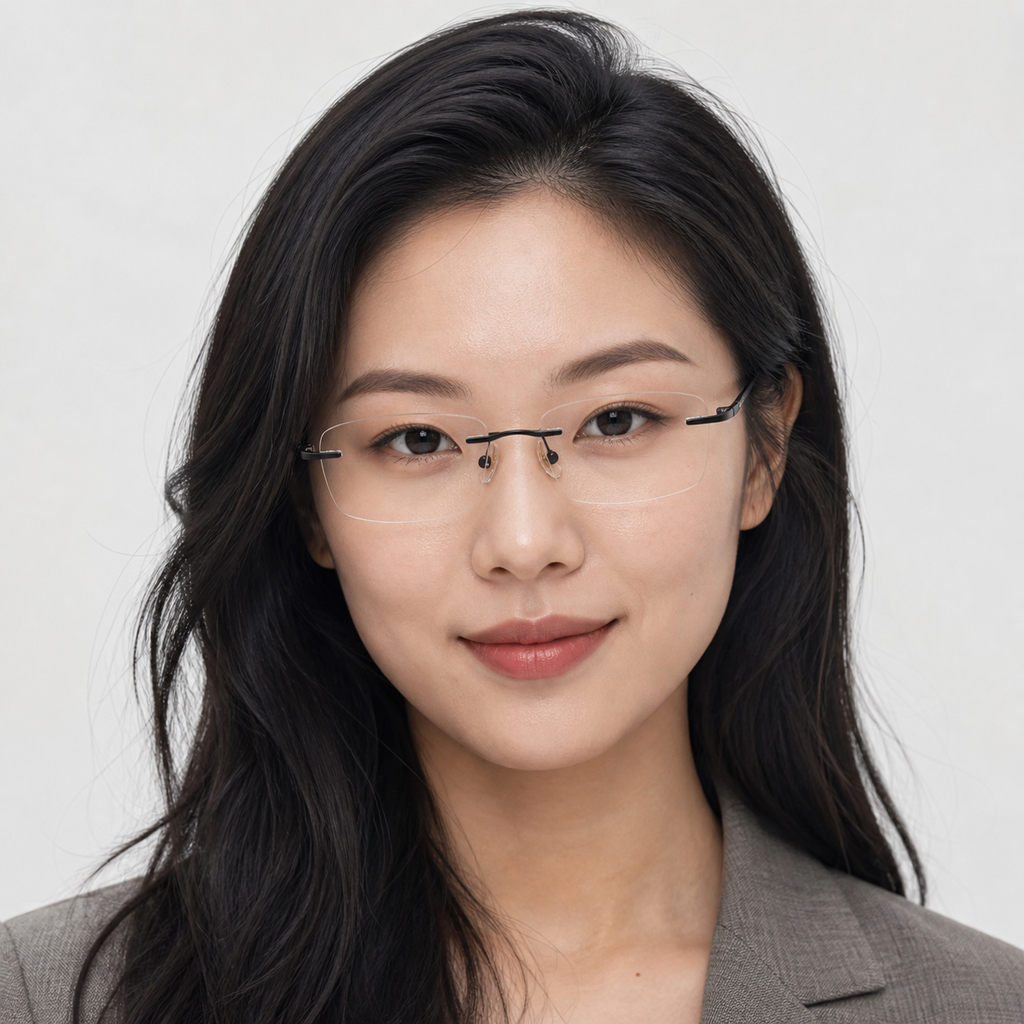 Black Unisex Pure Titanium Rimless Rectangular Glasses, worn by an adult model, front fit