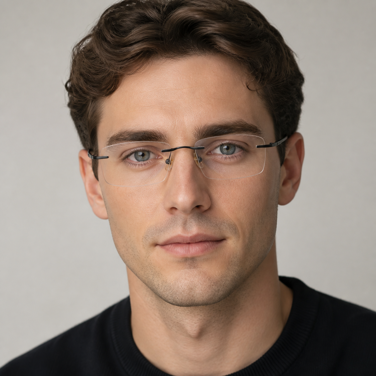 Black Unisex Pure Titanium Rimless Rectangular Glasses, worn by an adult model, alternate fit