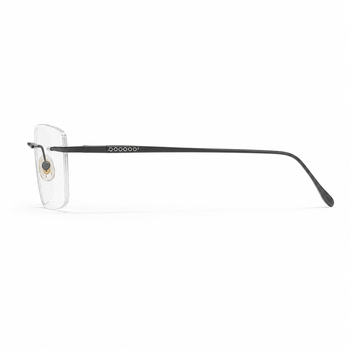 Black Unisex Pure Titanium Rimless Rectangular Glasses, side temple product view
