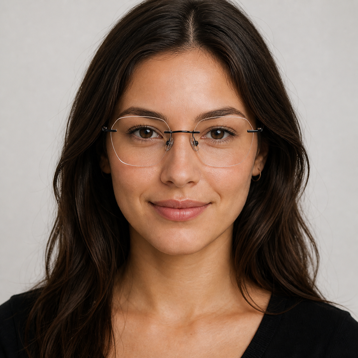 Black Women's Pure Titanium Rimless Soft-Square Glasses, worn by an adult model, front fit