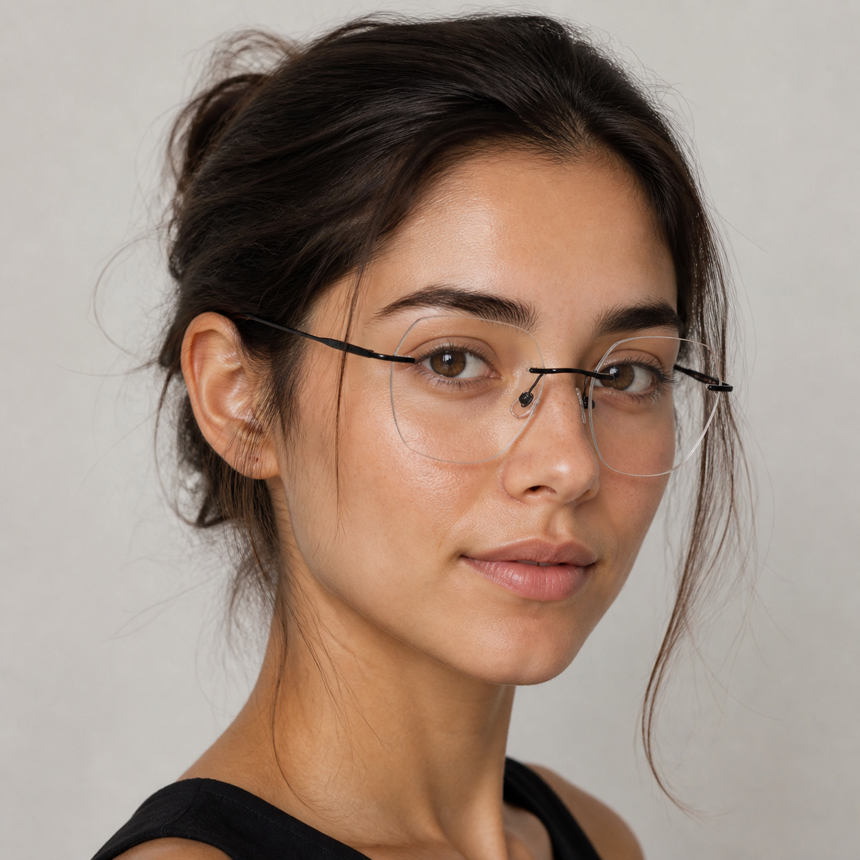 Black Women's Pure Titanium Rimless Soft-Square Glasses, worn by an adult model, alternate fit