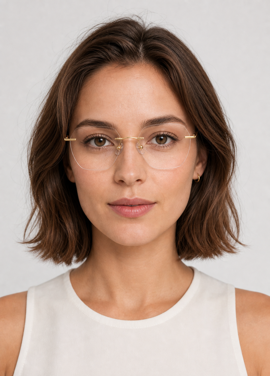 Gold Women's Pure Titanium Rimless Soft-Square Glasses, worn by an adult model, front fit