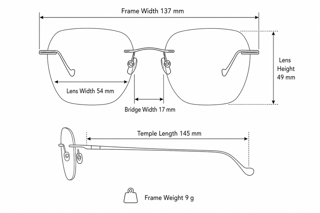 Women's Pure Titanium Rimless Soft-Square Glasses frame measurements and weight guide