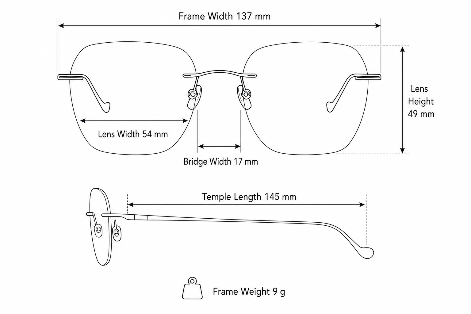 Women's Pure Titanium Rimless Soft-Square Glasses frame measurements and weight guide