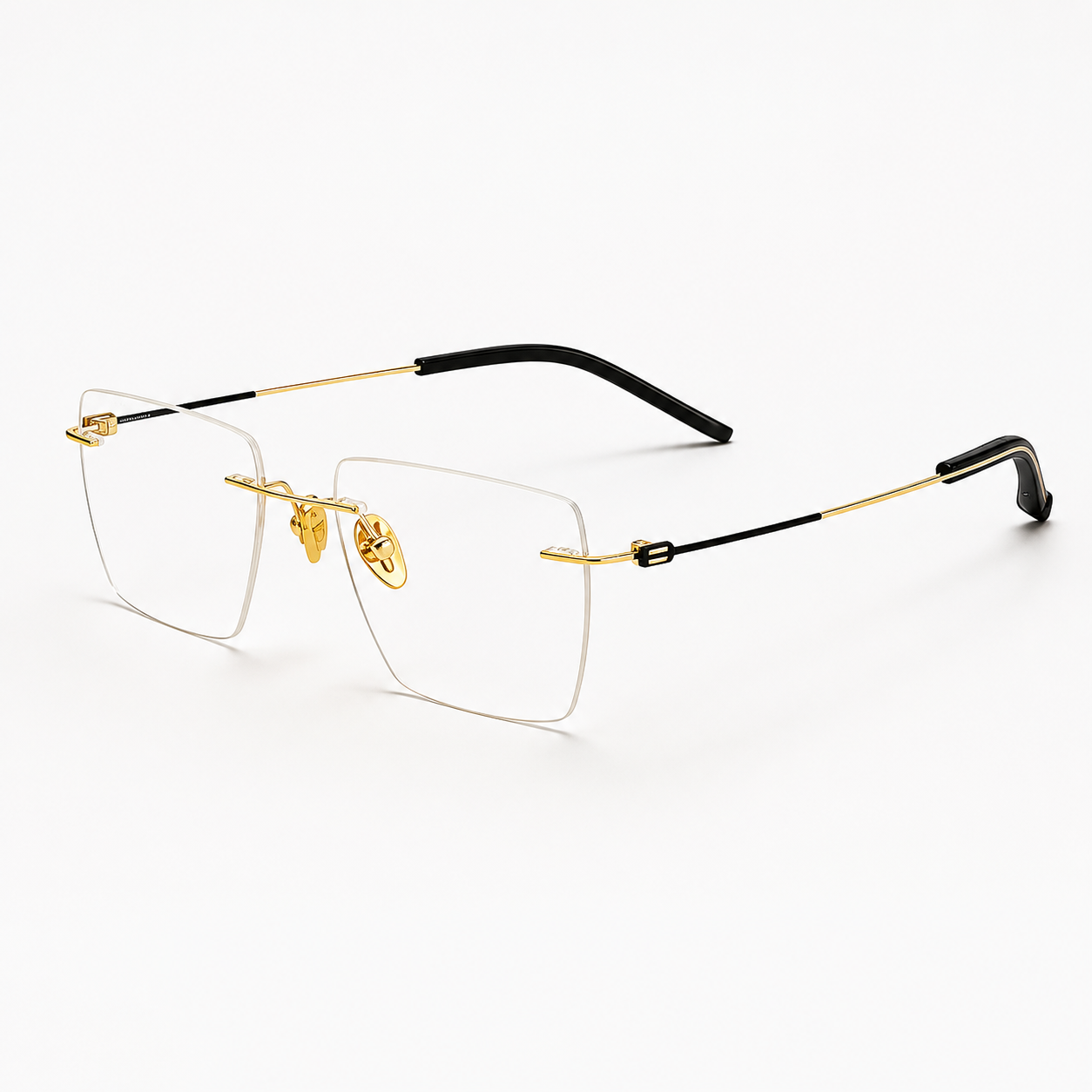 Gold/Black unisex titanium alloy rimless large geometric rectangular glasses, 45-degree product view