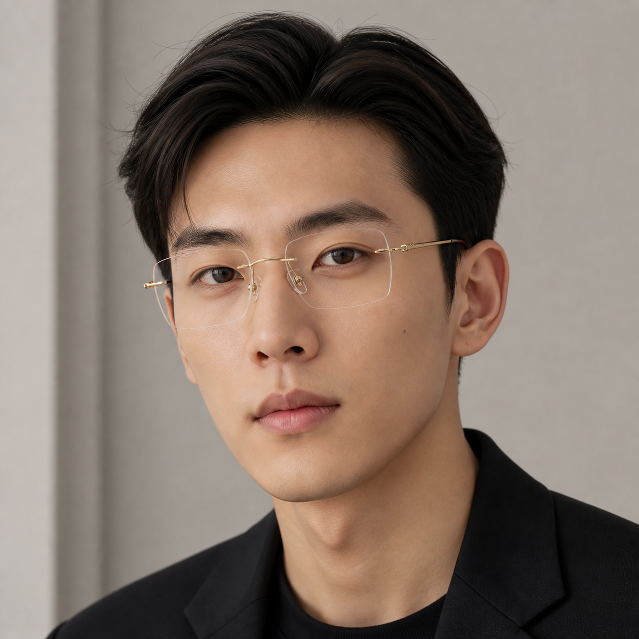 Gold Men's Pure Titanium Rimless Rounded-Rectangle Glasses, worn by an adult model, front fit