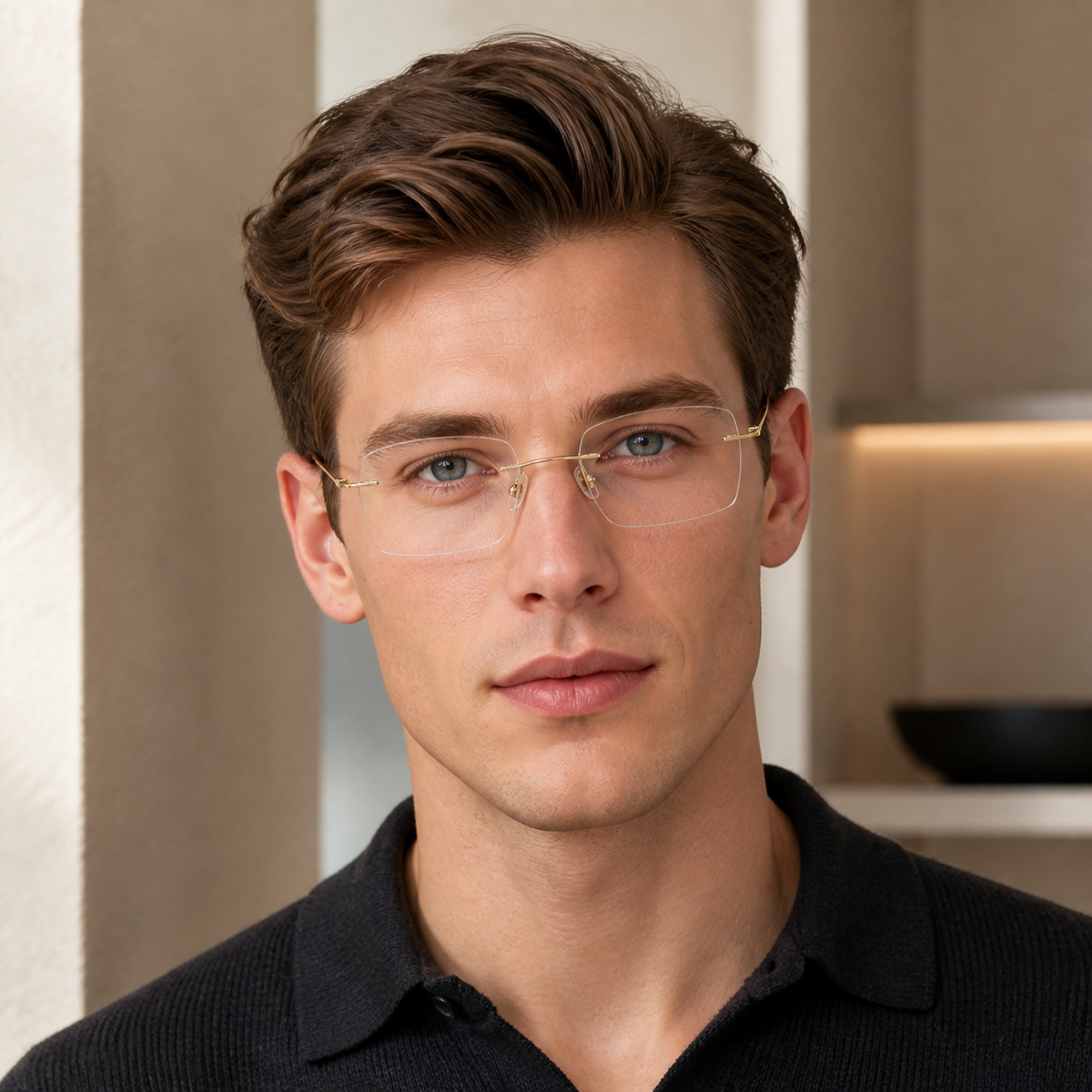 Gold Men's Pure Titanium Rimless Rounded-Rectangle Glasses, worn by an adult model, alternate fit