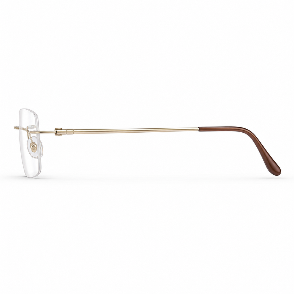 Gold Men's Pure Titanium Rimless Rounded-Rectangle Glasses, side temple product view
