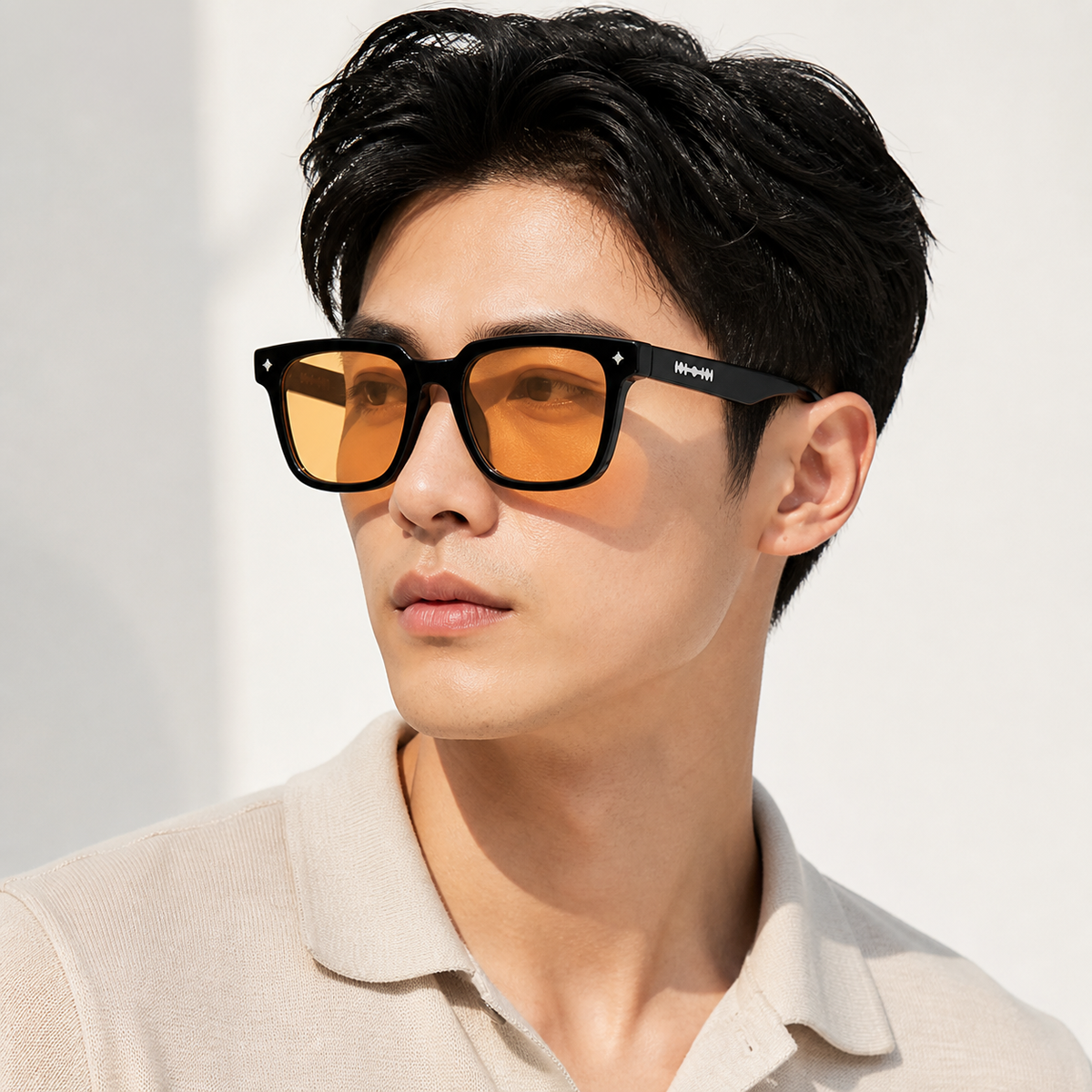 Men’s Amber Brown sunglasses worn by an adult East Asian man