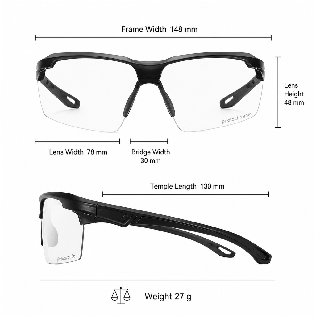 Black Frame/Photochromic Black Lens Day & Night Outdoor Sports Sunglasses measurement size guide