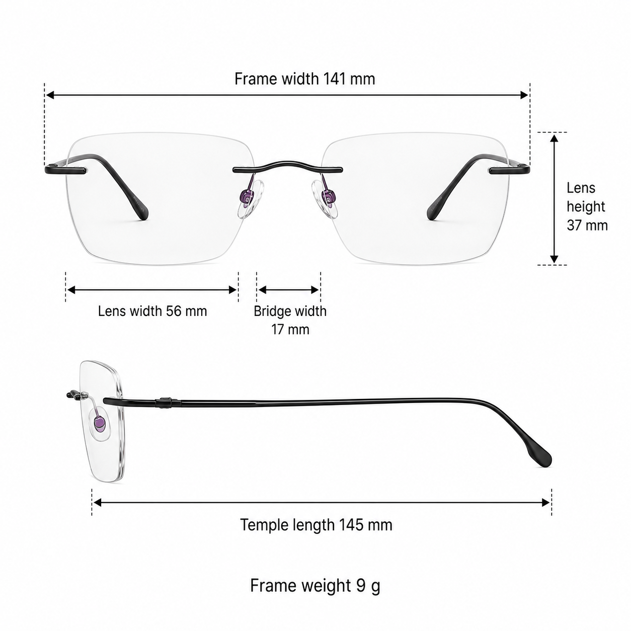 Black Unisex Pure Titanium Rimless Eyeglasses measurement size guide