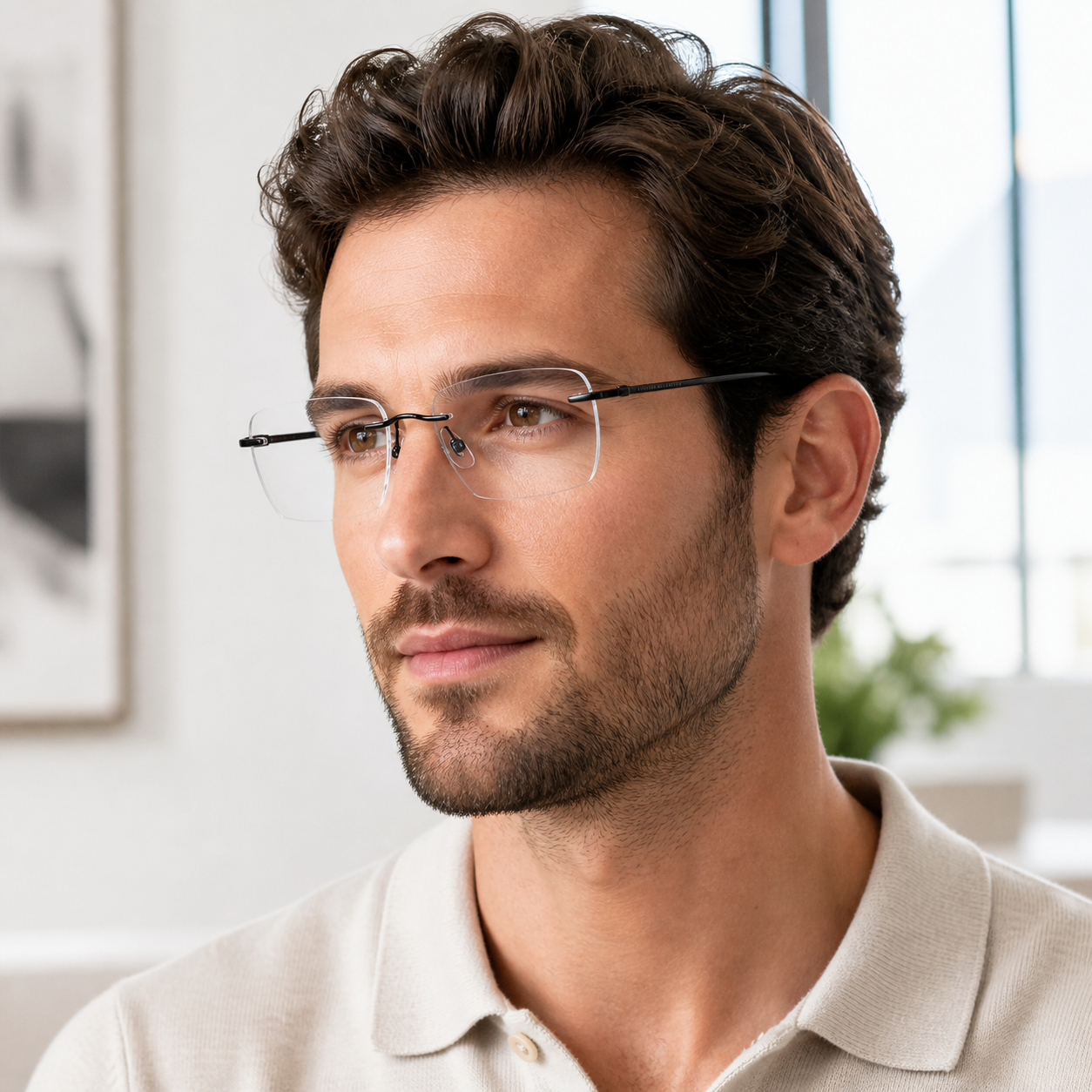 Adult model wearing Black Unisex Pure Titanium Rimless Eyeglasses, lifestyle view 1