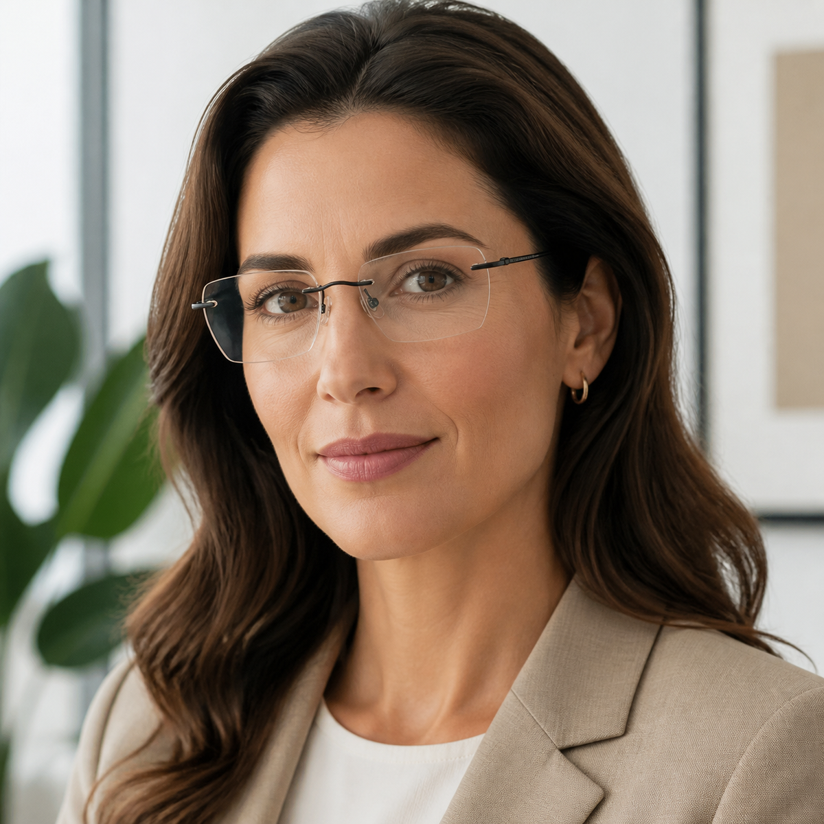 Adult model wearing Black Unisex Pure Titanium Rimless Eyeglasses, lifestyle view 2