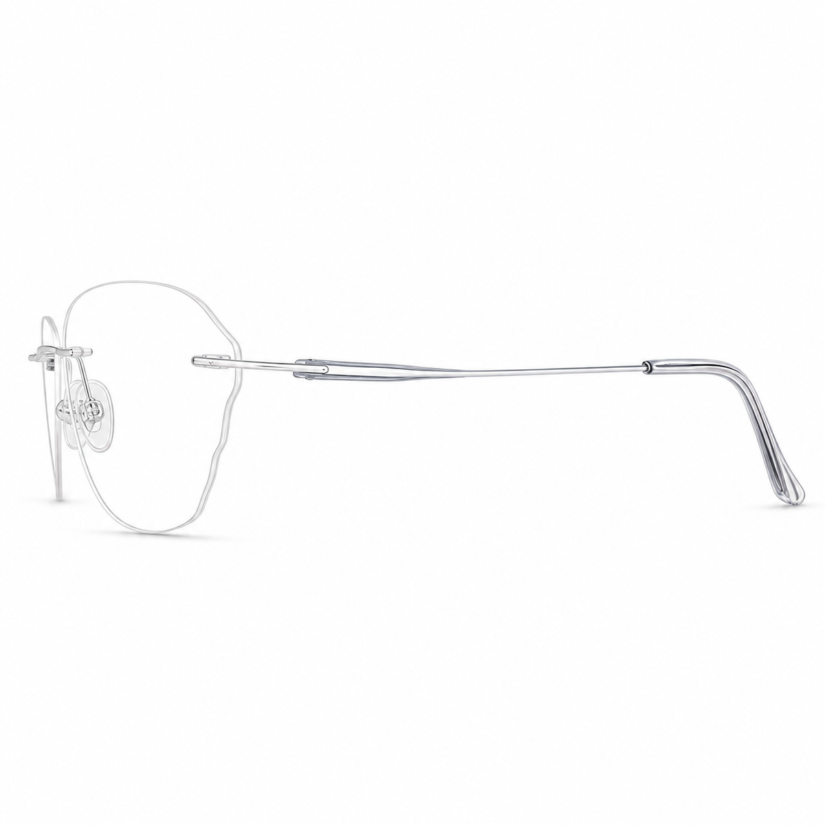 Blue/Silver Women's Wide Oval Pure Titanium Rimless Glasses, side temple view