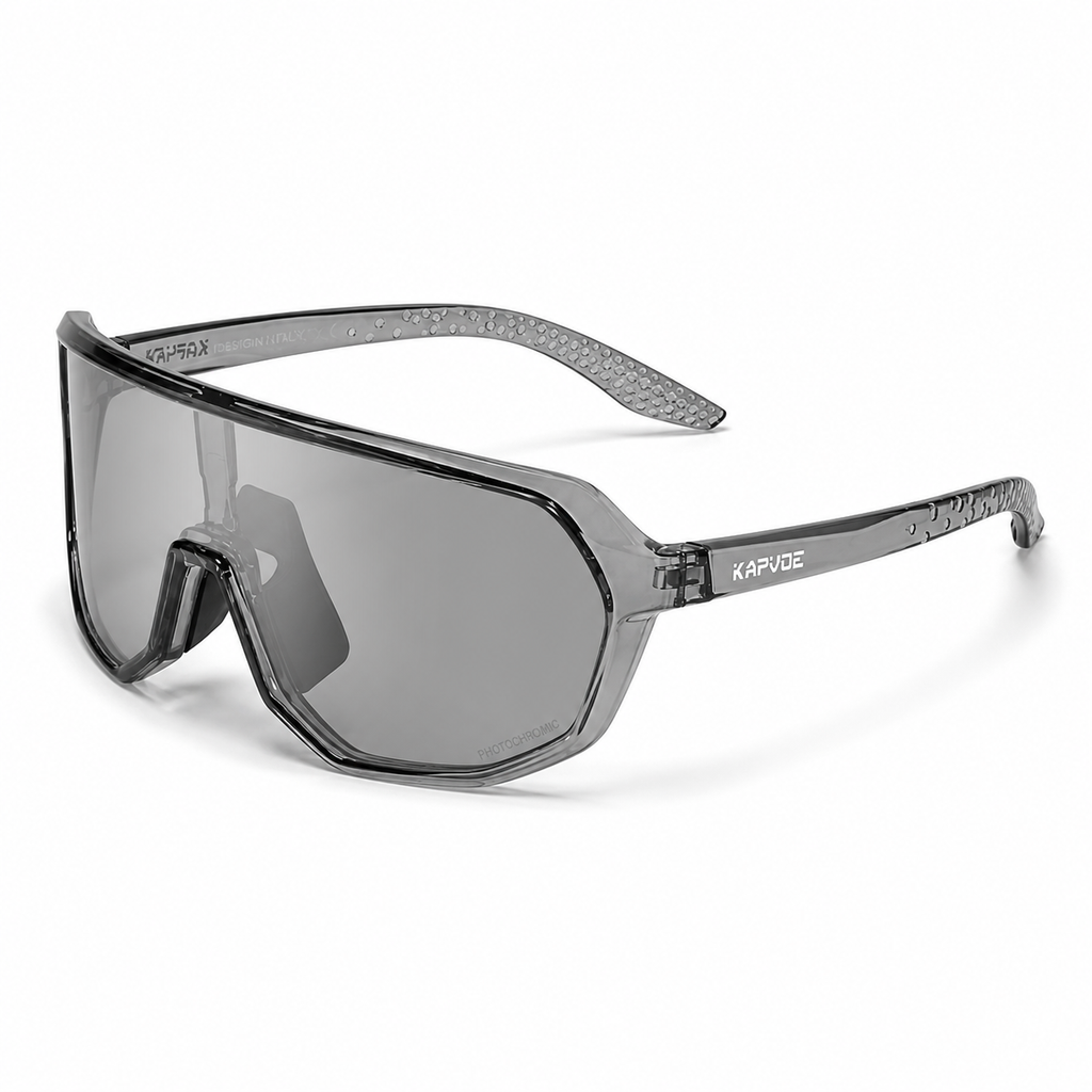Crystal Grey Frame/Photochromic Grey Lens Unisex TR Photochromic Full-Rim Cycling Sunglasses, 45-degree product view