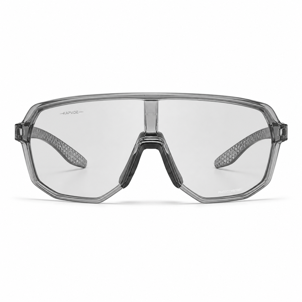 Crystal Grey Frame/Photochromic Grey Lens Unisex TR Photochromic Full-Rim Cycling Sunglasses, clean front product view