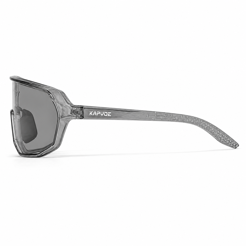 Crystal Grey Frame/Photochromic Grey Lens Unisex TR Photochromic Full-Rim Cycling Sunglasses, side temple product view