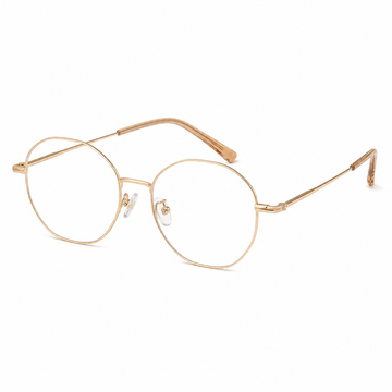 Geometric gold-tone optical glasses frame on a white background