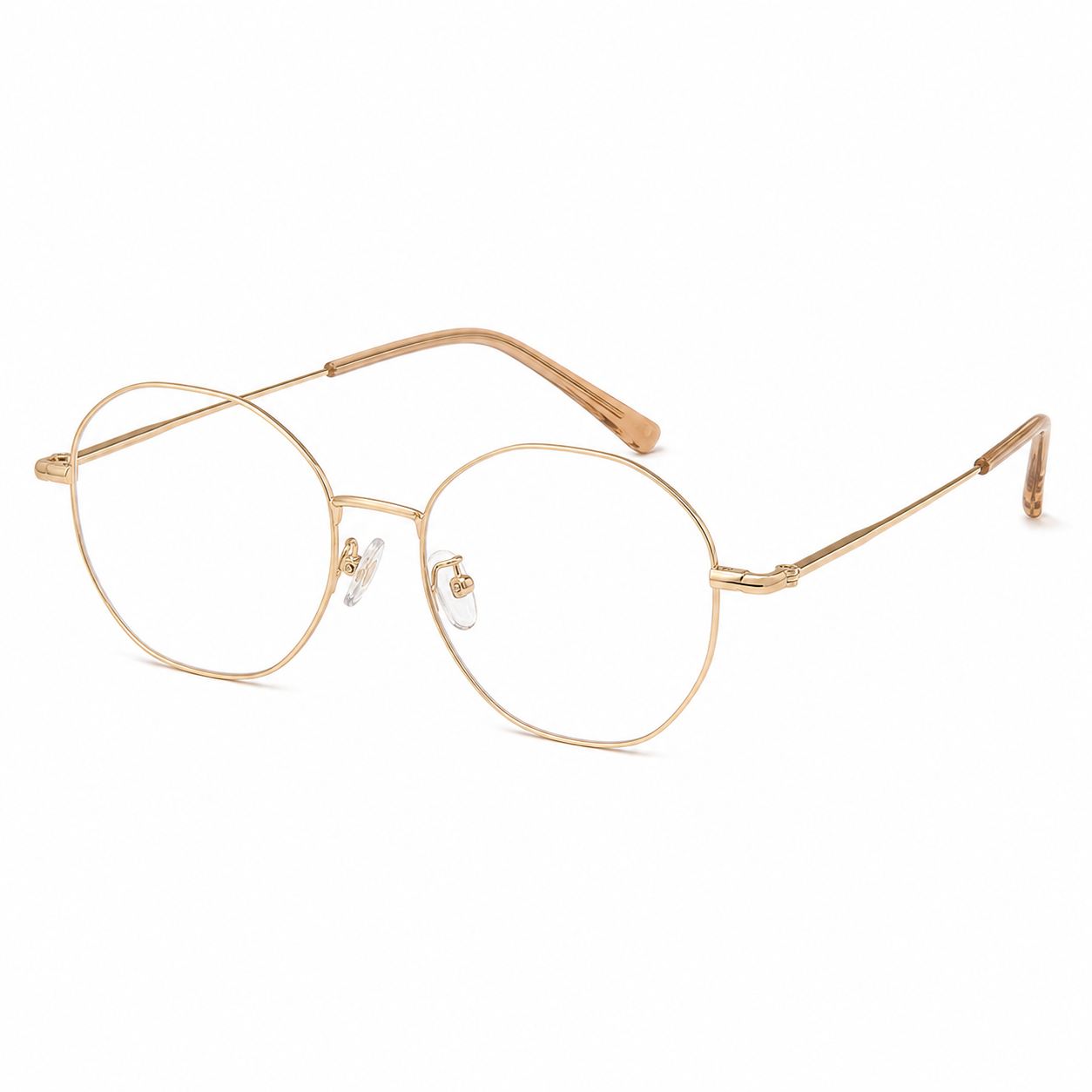 Geometric gold-tone optical glasses frame on a white background