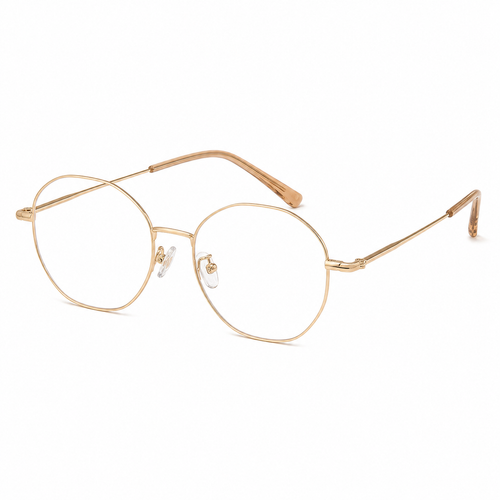 Geometric gold-tone optical glasses frame on a white background
