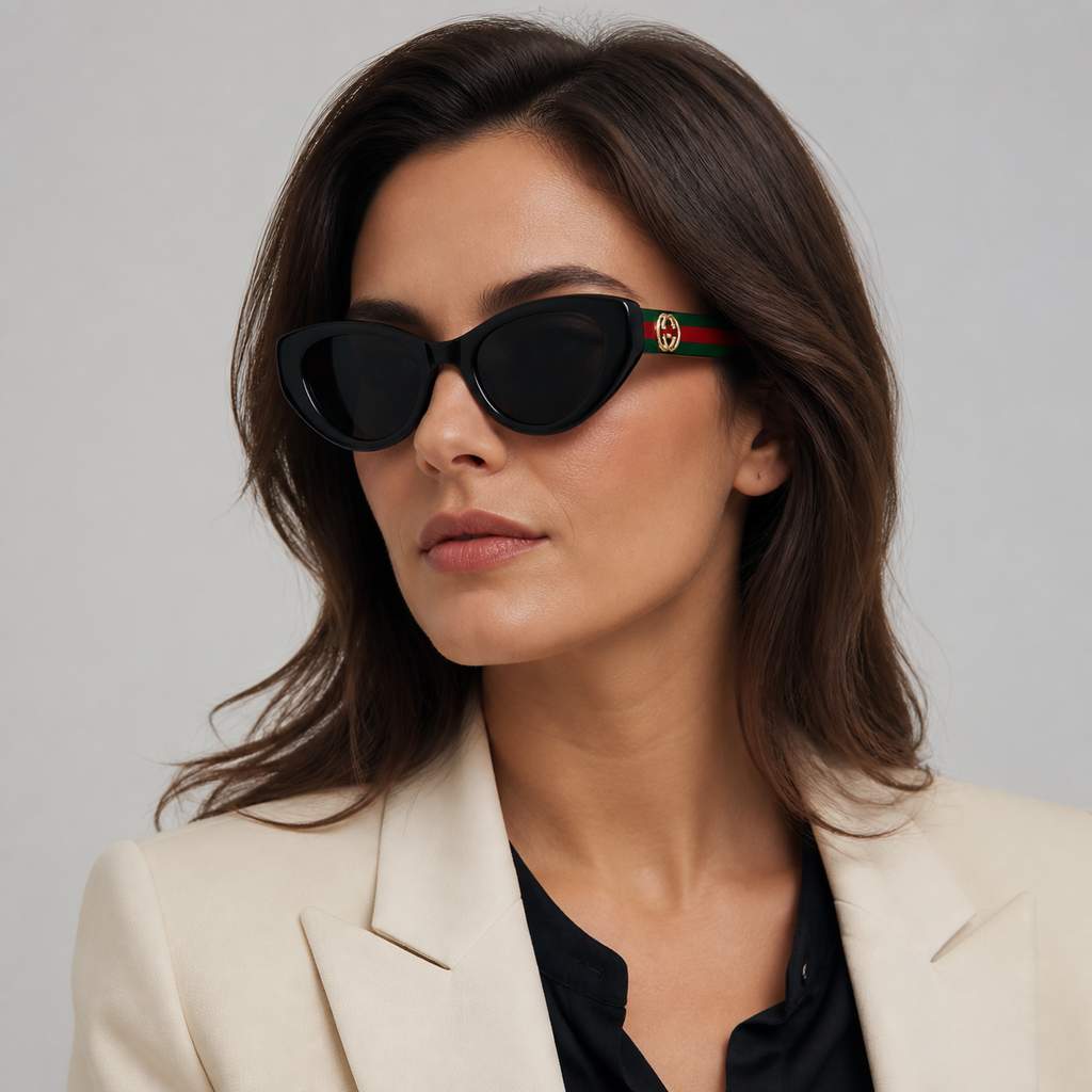 Adult model wearing Black Gucci Cat-eye sunglasses, lifestyle view 1