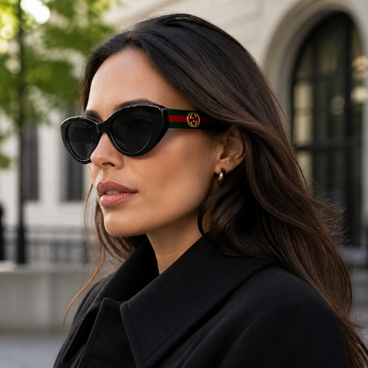 Adult model wearing Black Gucci Cat-eye sunglasses, lifestyle view 2