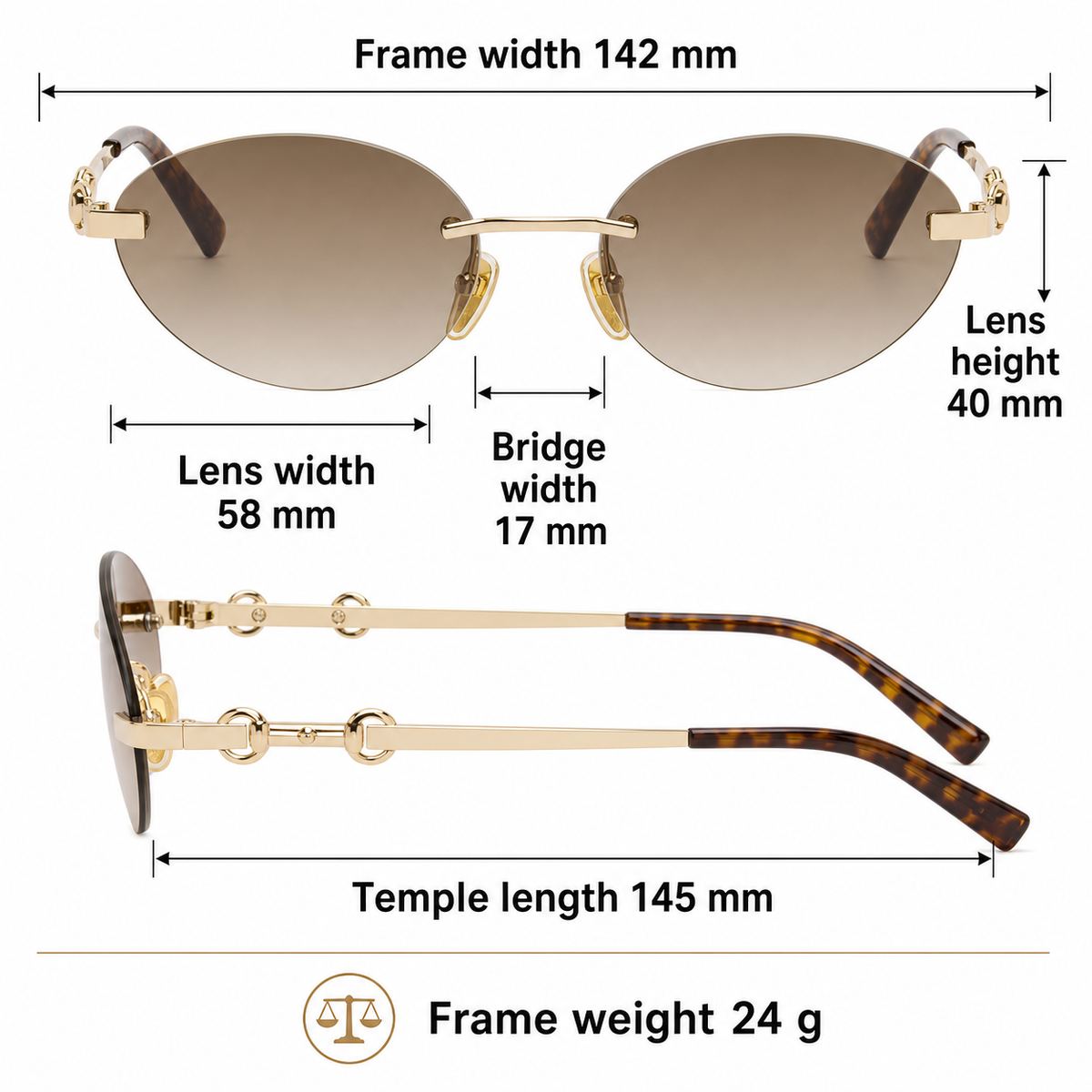 Gold Gucci Frameless oval sunglasses measurement size guide