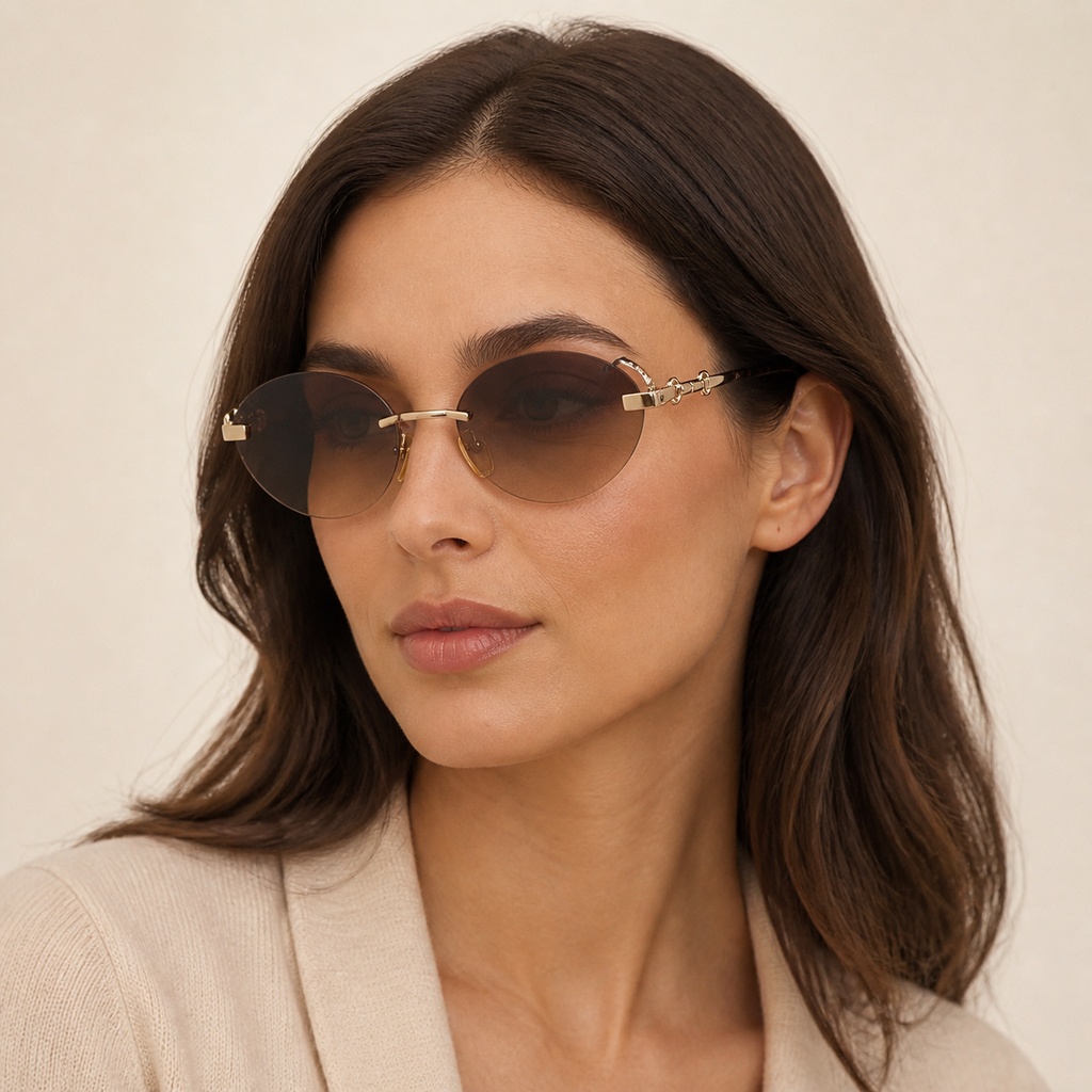 Adult model wearing Gold Gucci Frameless oval sunglasses, lifestyle view 1
