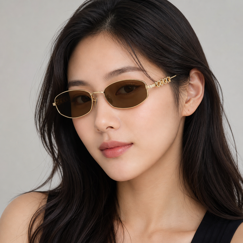 Adult model wearing Gold Gucci GG1802S Unisex Irregular Metal GG Logo Sunglasses, lifestyle view 1
