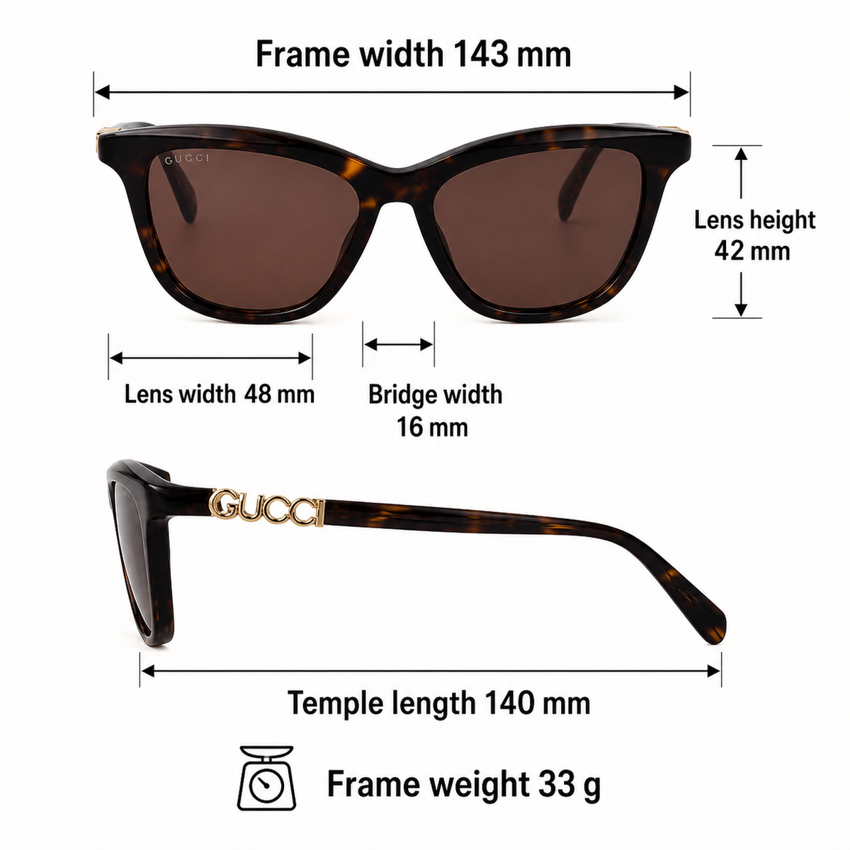 Brown Gucci Luxury Women’s Brown Geometric Sunglasses measurement size guide