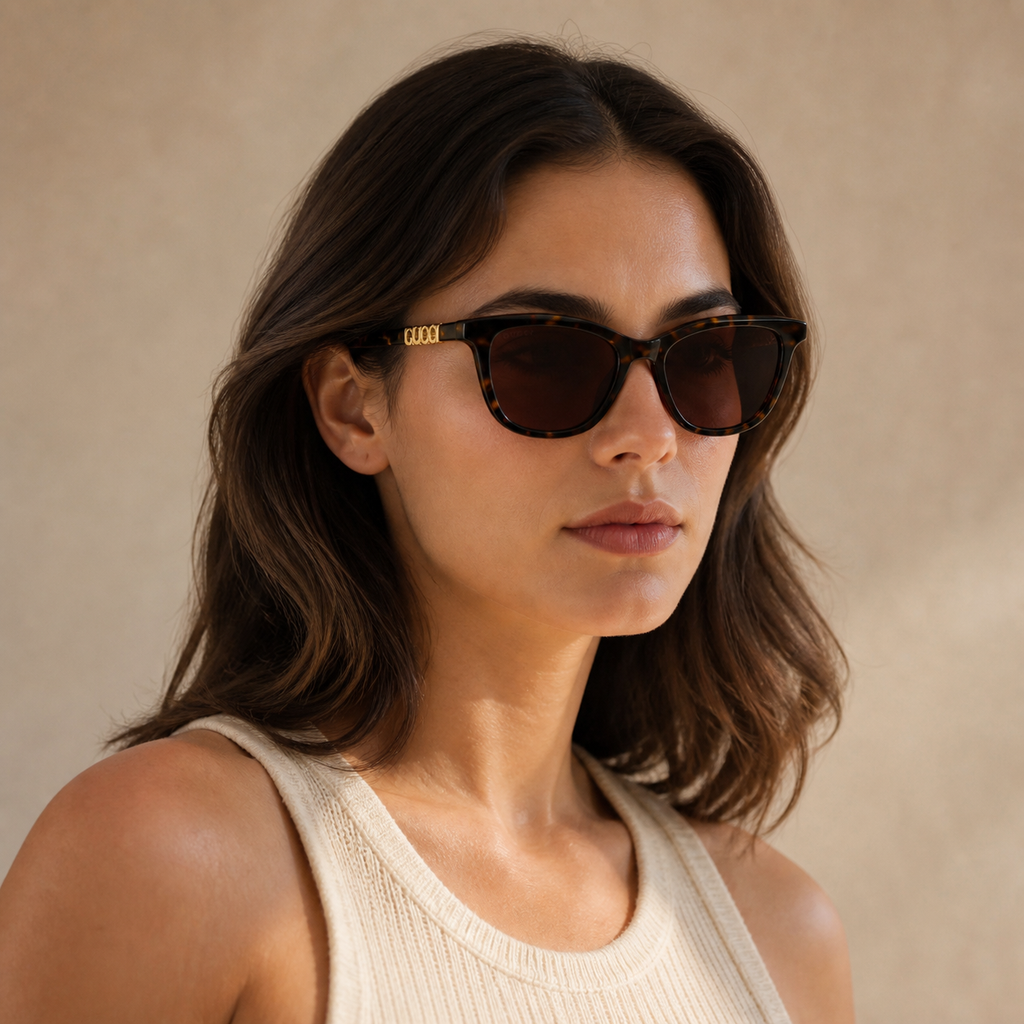 Adult model wearing Brown Gucci Luxury Women’s Brown Geometric Sunglasses, lifestyle view 1