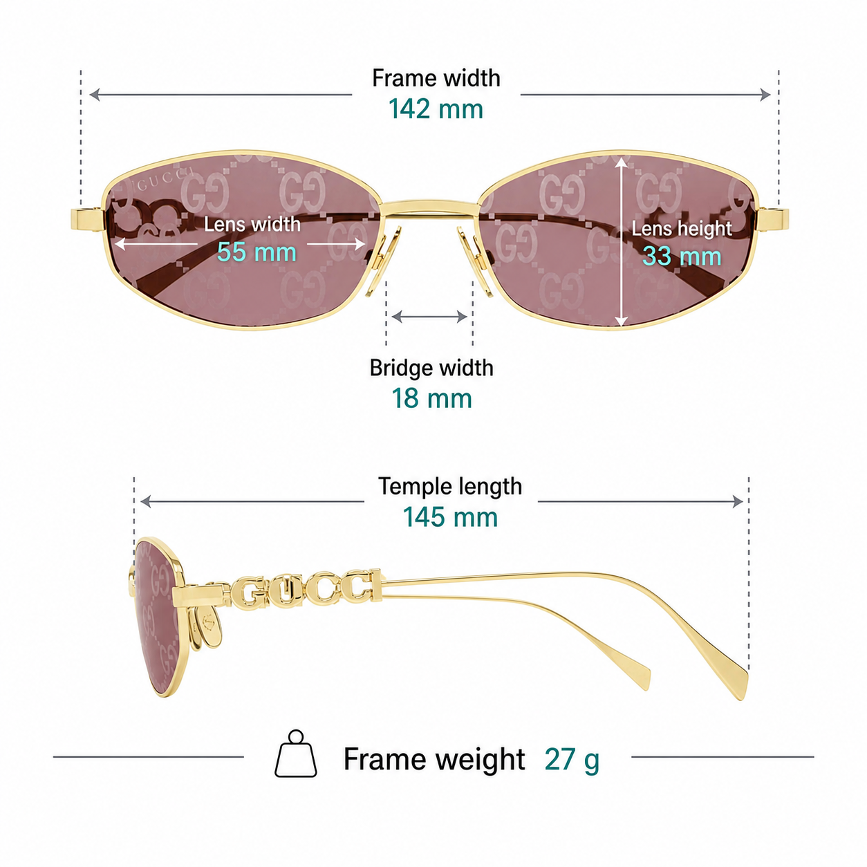 Gold&Red Gucci  Oval frame sunglasses measurement size guide