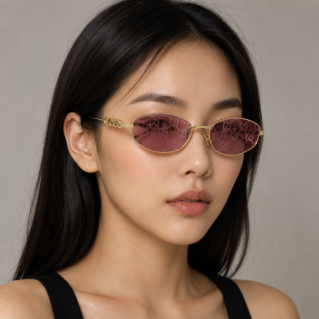 Adult model wearing Gold&Red Gucci  Oval frame sunglasses, lifestyle view 1