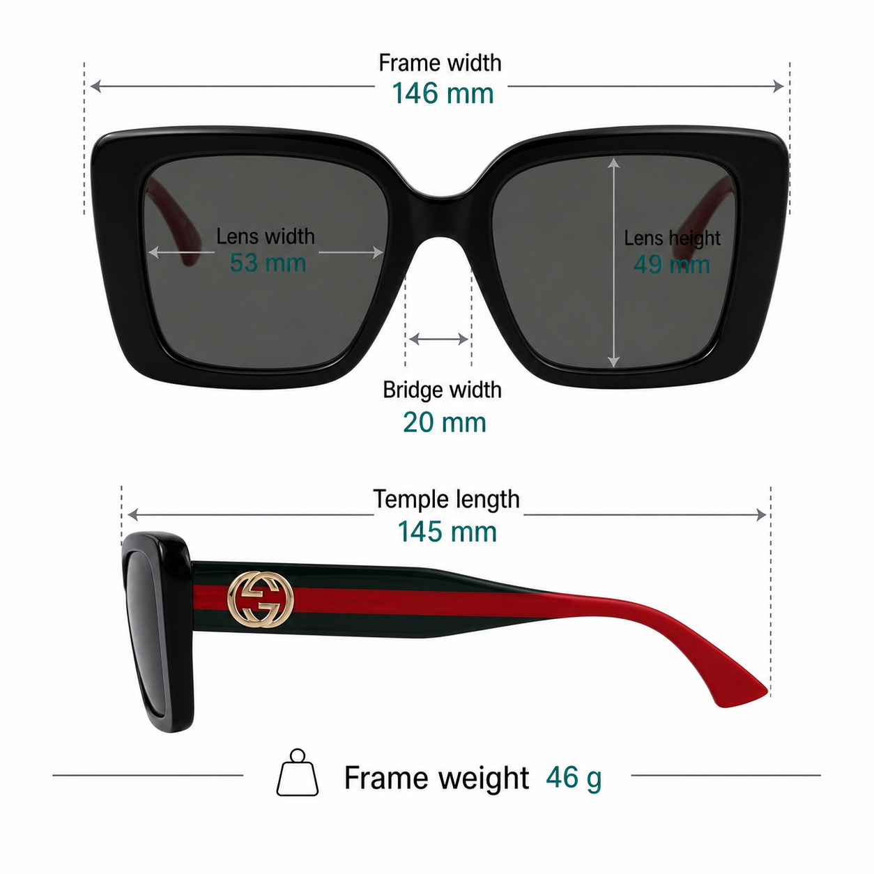 Black Gucci Square frame sunglasses measurement size guide