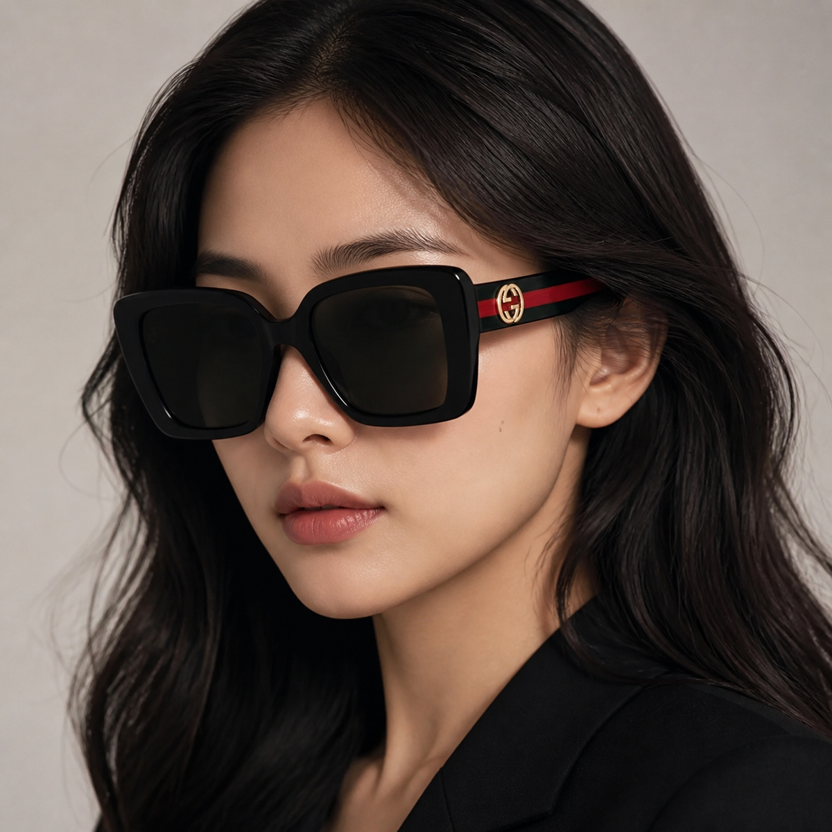 Adult model wearing Black Gucci Square frame sunglasses, lifestyle view 1
