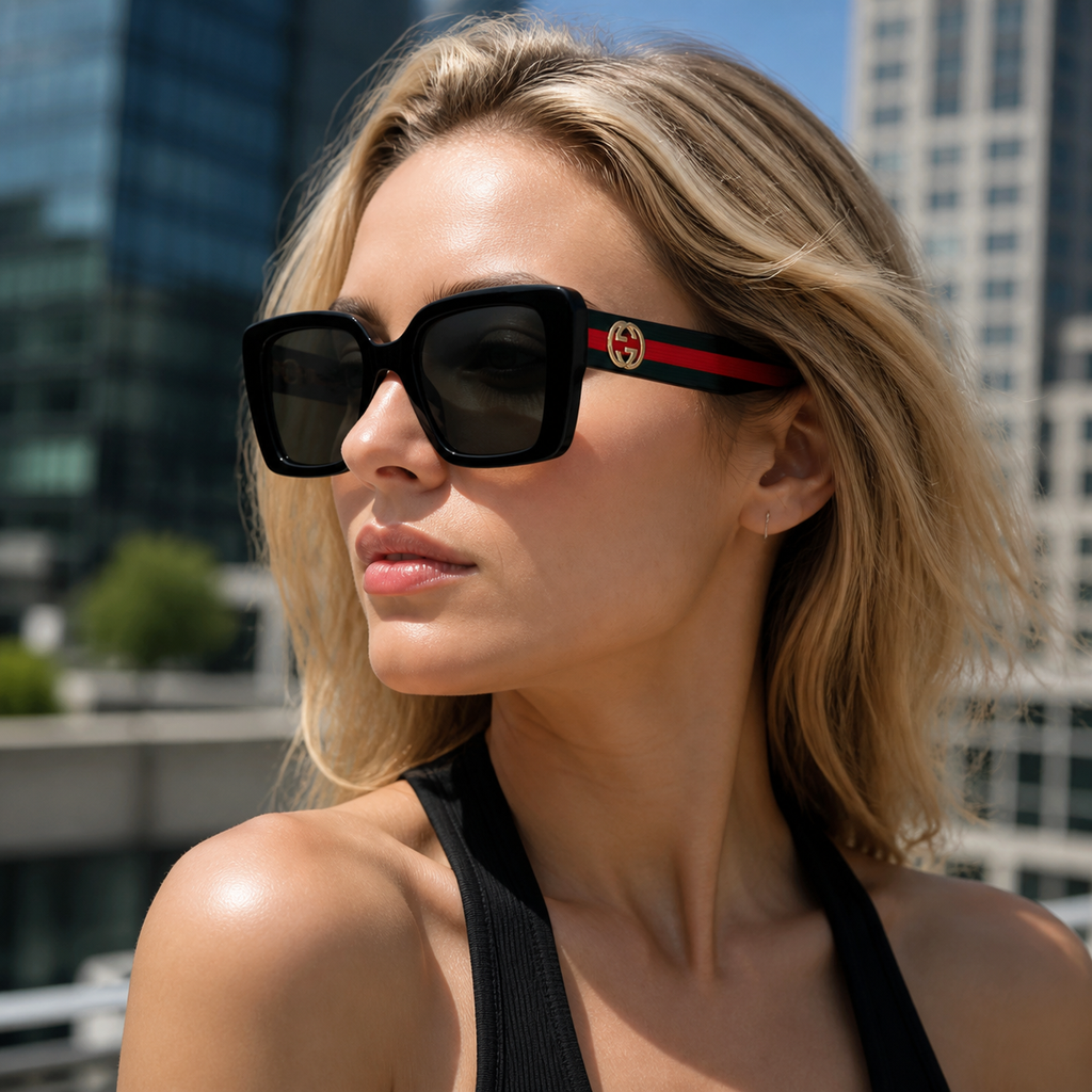 Adult model wearing Black Gucci Square frame sunglasses, lifestyle view 2