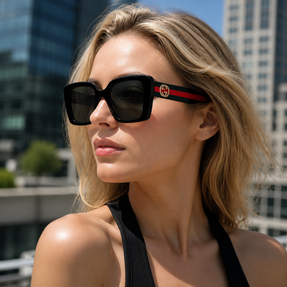 Adult model wearing Black Gucci Square frame sunglasses, lifestyle view 2