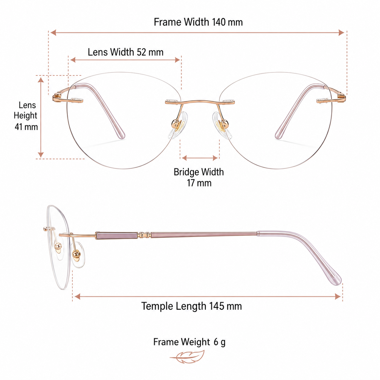 Purple/Rose Gold Women's Pure Titanium Rimless Cat-Eye Glasses measurement size guide