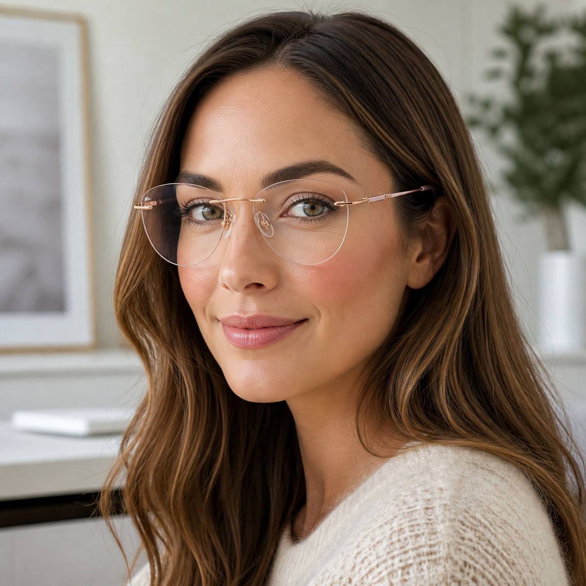 Adult model wearing Purple/Rose Gold Women's Pure Titanium Rimless Cat-Eye Glasses, lifestyle view 1