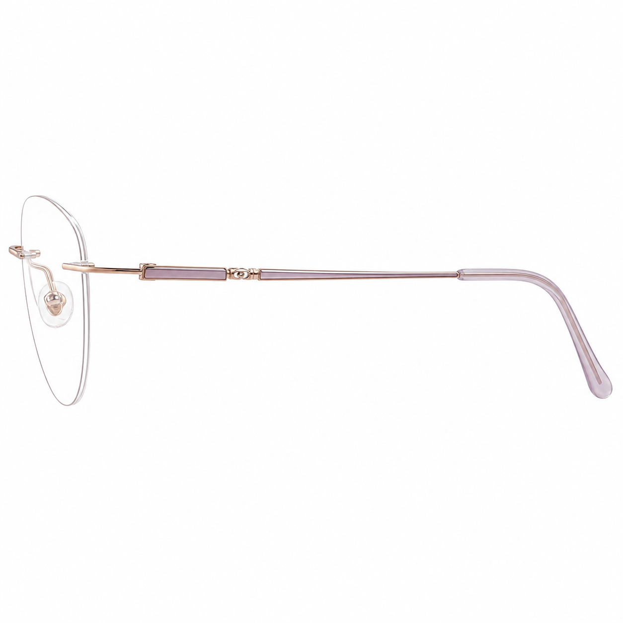 Purple/Rose Gold Women's Pure Titanium Rimless Cat-Eye Glasses, true side-profile product view