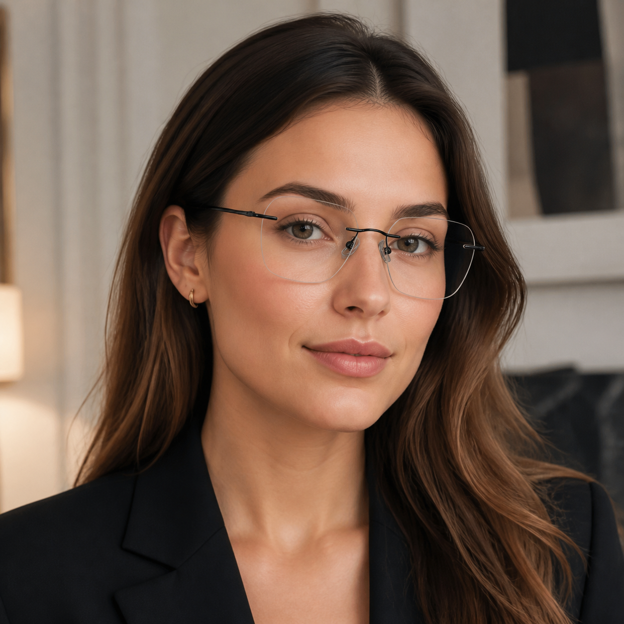 Adult model wearing Black Intellectual Professional Rimless Glasses, lifestyle view 2