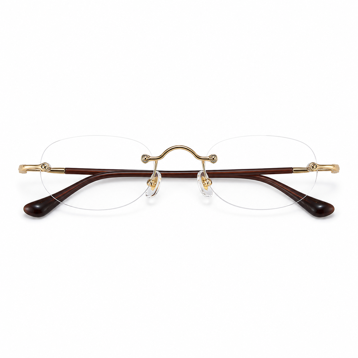Gold/Brown Unisex Rectangular Titanium Rimless Glasses, clean front view